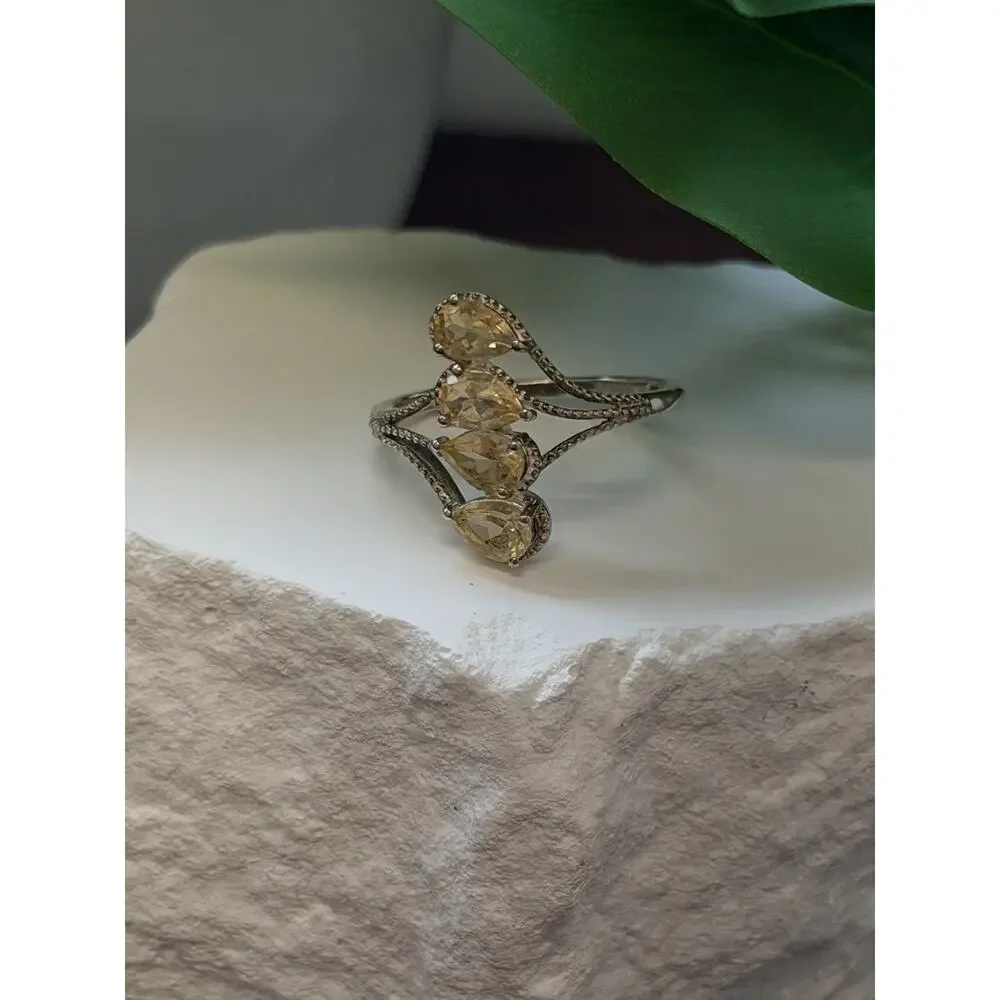 925 Sterling Silver Pear Cut 4 Stones Yellow Citrine Ring Size 10